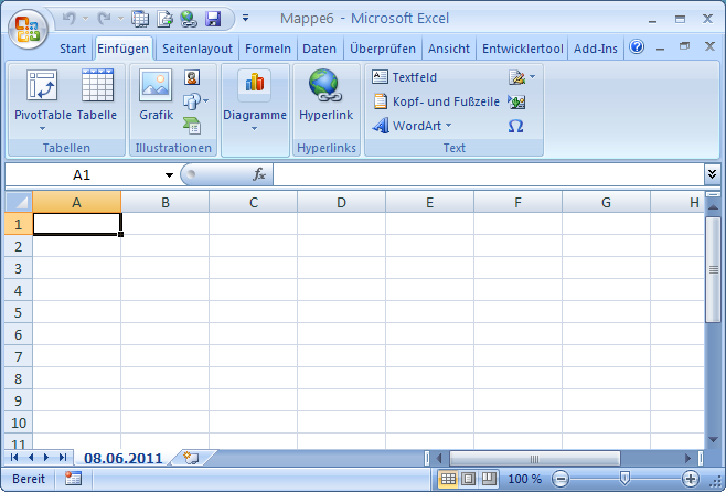 Eine Arbeitsmappe, die nur ein Tabellenblatt mit dem aktuellen Datum enthält