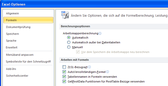 Passen Sie die Berechnung in Excel 2010 an