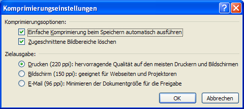 Komprimierungsoptionen in Excel 2007