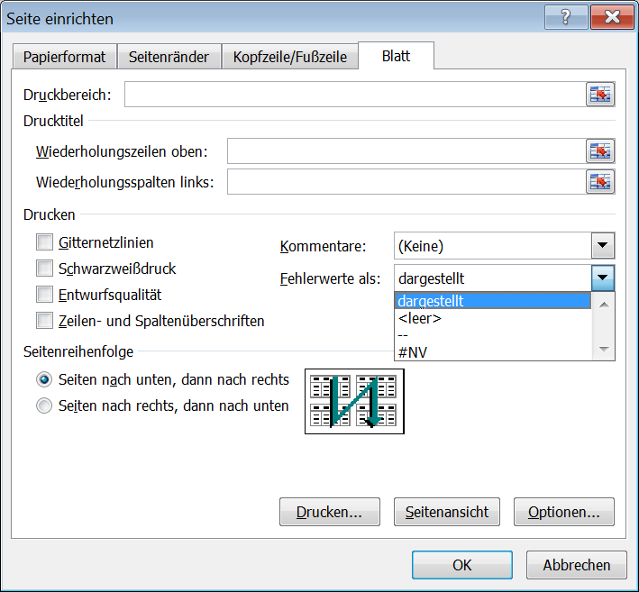 Einrichtung der Seite zum Unterdrücken von Excel-Fehlern