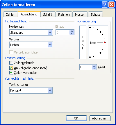 Optionen für die Zellausrichtung
