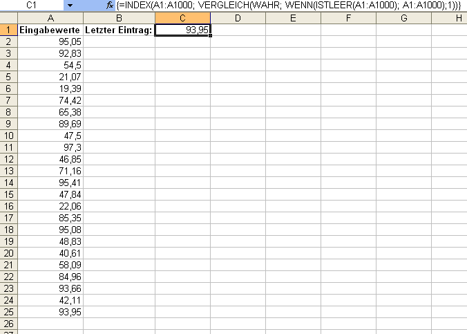 Diese Formel liest immer den letzten Wert aus einer Excel-Tabelle aus