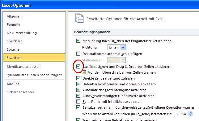 Wie Sie das Ausfüllkästchen in Excel 2007 und Excel 2010 ausschalten