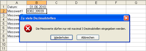 Fehlermeldung bei zu vielen Dezimalstellen