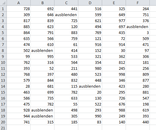 Alle Zeilen mit dem Text "ausblenden" sollen versteckt werden