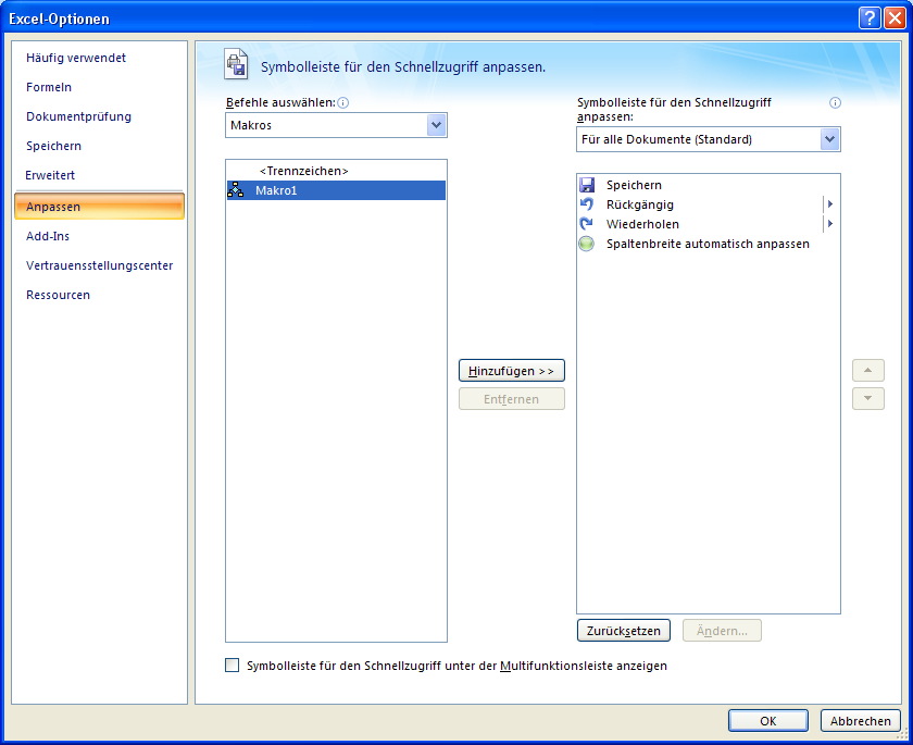 Makros zur Symbolleiste für den Schnellzugriff hinzufügen