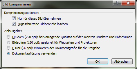 Definieren Sie die gewünschte Komprimierung über ein Dialogfenster