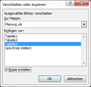 Wählen Sie aus, wohin das Excel-Tabellenblatt kopiert werden soll