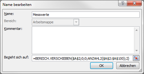 Name und Bezug für Zellen in einem dynamischen Excel-Bereich