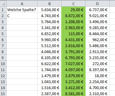 Es wird Spalte automatisch markiert, deren Buchstabe in Zelle A2 steht