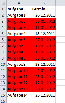 Alle Datumswerte des Folgejahres sind markiert