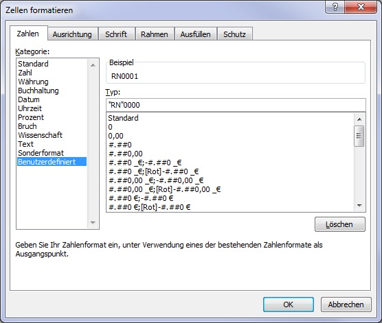 Dieses Zahlenformat setzt den Text RN mit führenden Nullen vor eine Zahl Dieses Zahlenformat setzt den Text RN mit führenden Nullen vor eine Zahl
