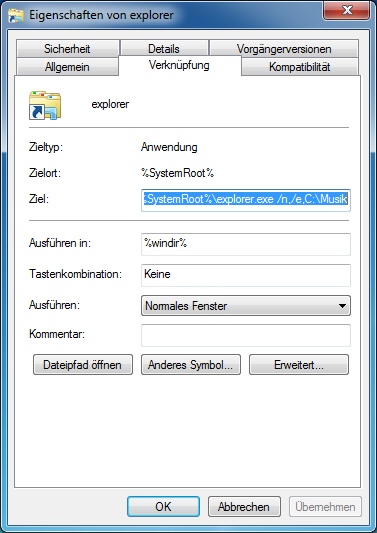 Windows-Explorer in einem bestimmten Ordner starten