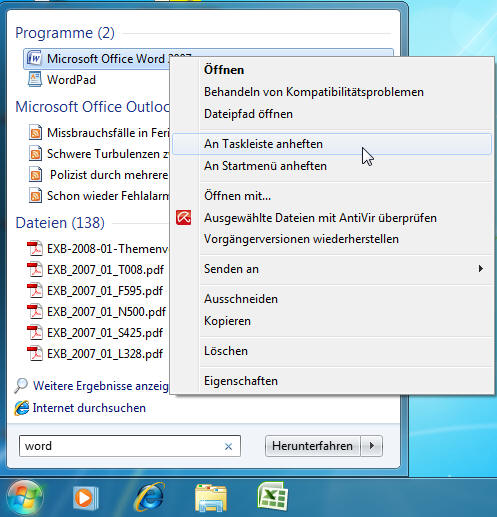 Im Eigenschaftendialog werden alle Optionen zum Konfigurieren der Windows7 Taskleiste angezeigt. 