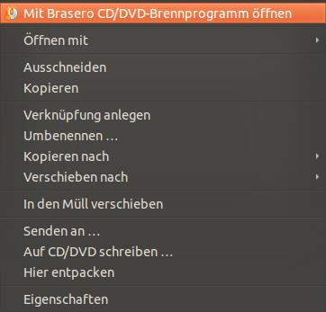 Im Bild sehen Sie das Kontextmenü für Dateien. Mit einem Klick auf de den Eintrag MIT BRASERO CD/DVD-BRENNPROGRAMM ÖFFNEN, können Sie das Brennprogramm von Ubuntu akivieren. 