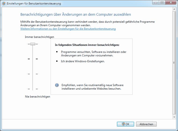 Im Bild sehen Sie die Einstellungen für die Benutzerkontensteuerung und einen Schieberegler, mit dem Sie die Sicherheitsstufe anpassen können. 