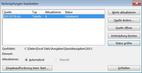 Liste der Verknüpfungen in Excel Liste der Verknüpfungen in Excel