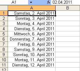 Wochentage werden über das Zahlenformat dargestellt