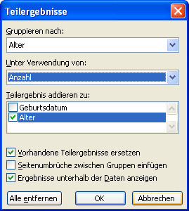 Einstellungen für Teilergebnisse