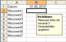 Eingabemeldung bei aktiver Zelle